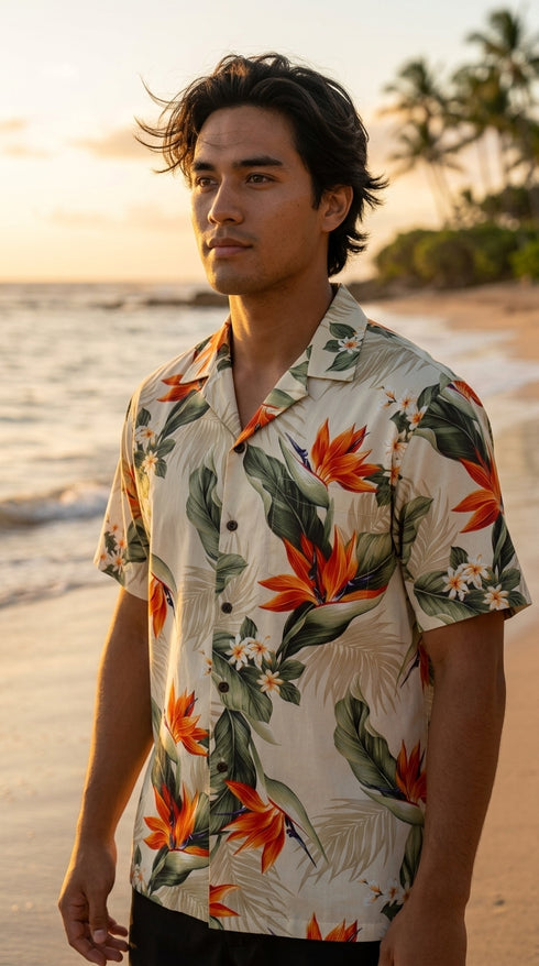 Pacific Legend Mens Bird of Paradise Plumeria Shirt