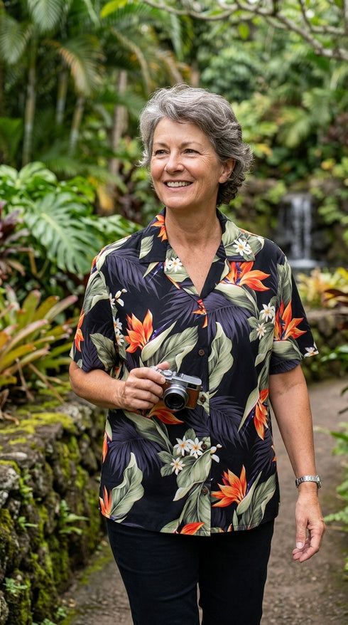 Pacific Legend Women' Bird of Paradise Plumeria Camp Shirt