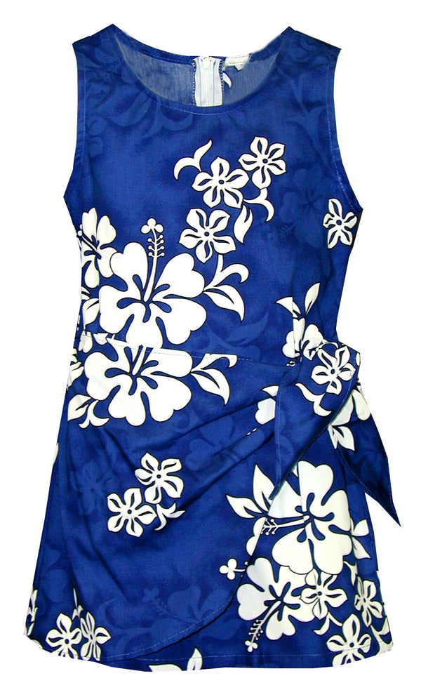 Shadow White Hibiscus Girl's Mock Wrap Hawaiian Sarong Dress