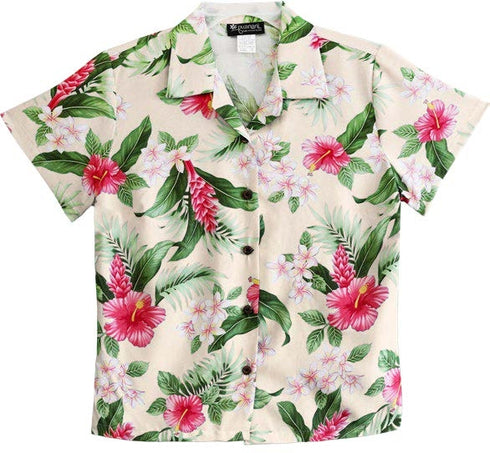 RJC White Plumeria Red Hibiscus Women's Hawaiian Camp Shirt – Rayon, Made in Hawaii