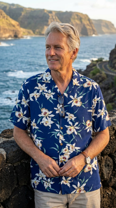 Paradise Found Men's Star Orchid Tom Selleck Magnum PI Hawaiian Shirt