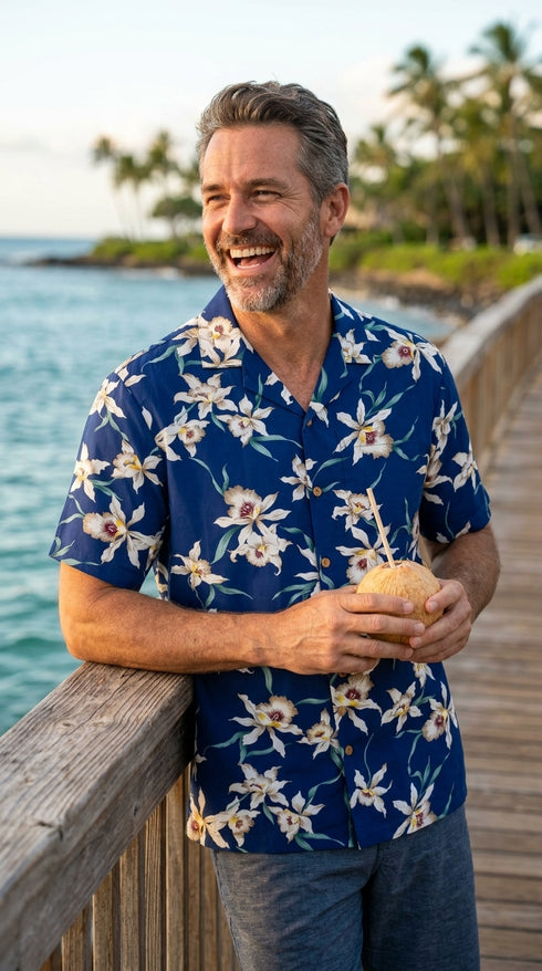 Paradise Found Men's Star Orchid Tom Selleck Magnum PI Hawaiian Shirt