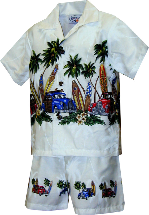 Old Time Woodie Surfboard Boy's 2pc Hawaiian Cabana Set
