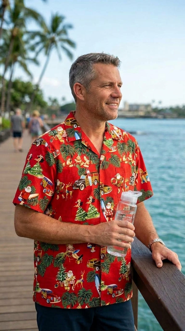 Christmas Woody Surfboard Hula Santa Men's Hawaiian Shirt
