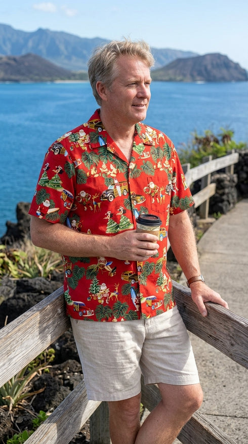 Christmas Woody Surfboard Hula Santa Men's Hawaiian Shirt