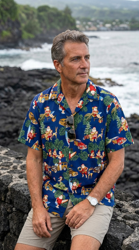Christmas Woody Surfboard Hula Santa Men's Hawaiian Shirt