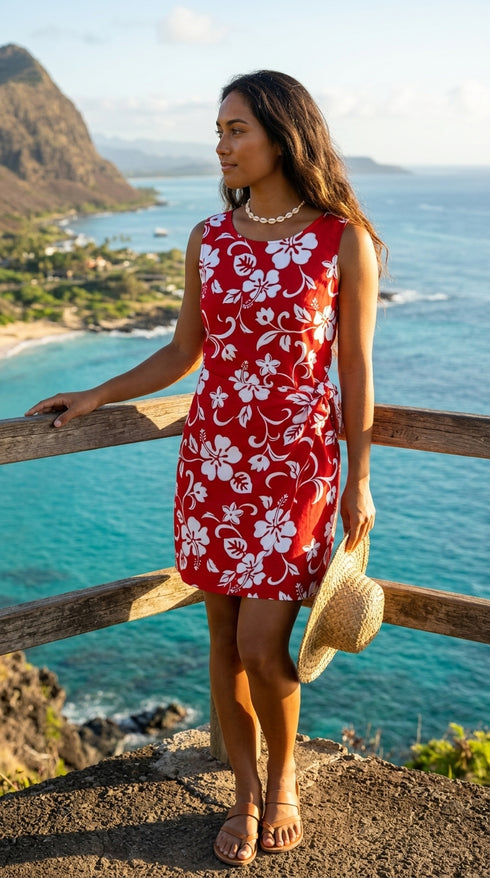 Original Classic Hibiscus Women's Mock Wrap Hawaiian Sarong Dress