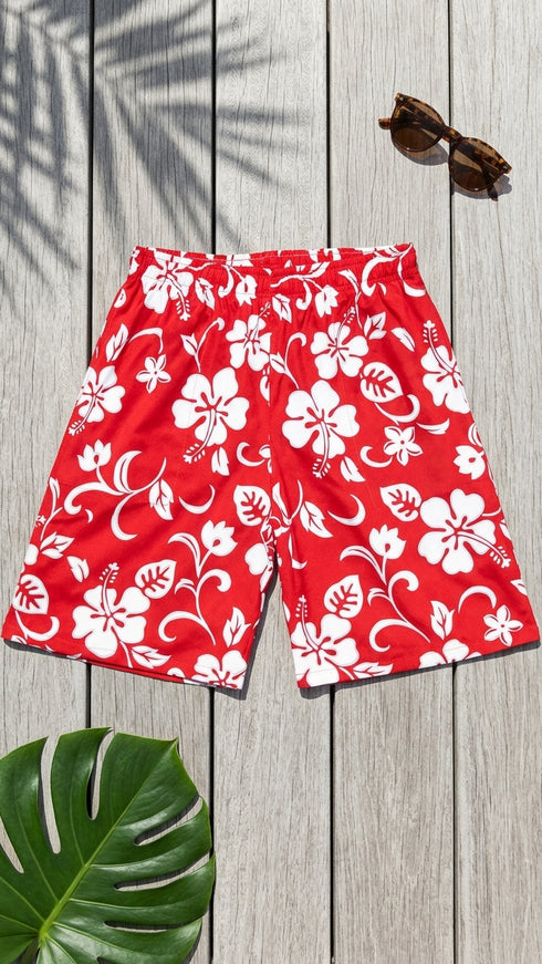 Classic Hibiscus Men's Elastic Waist 3-Pocket Cotton Shorts