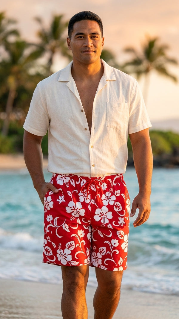 Classic Hibiscus Men's Elastic Waist 3-Pocket Cotton Shorts