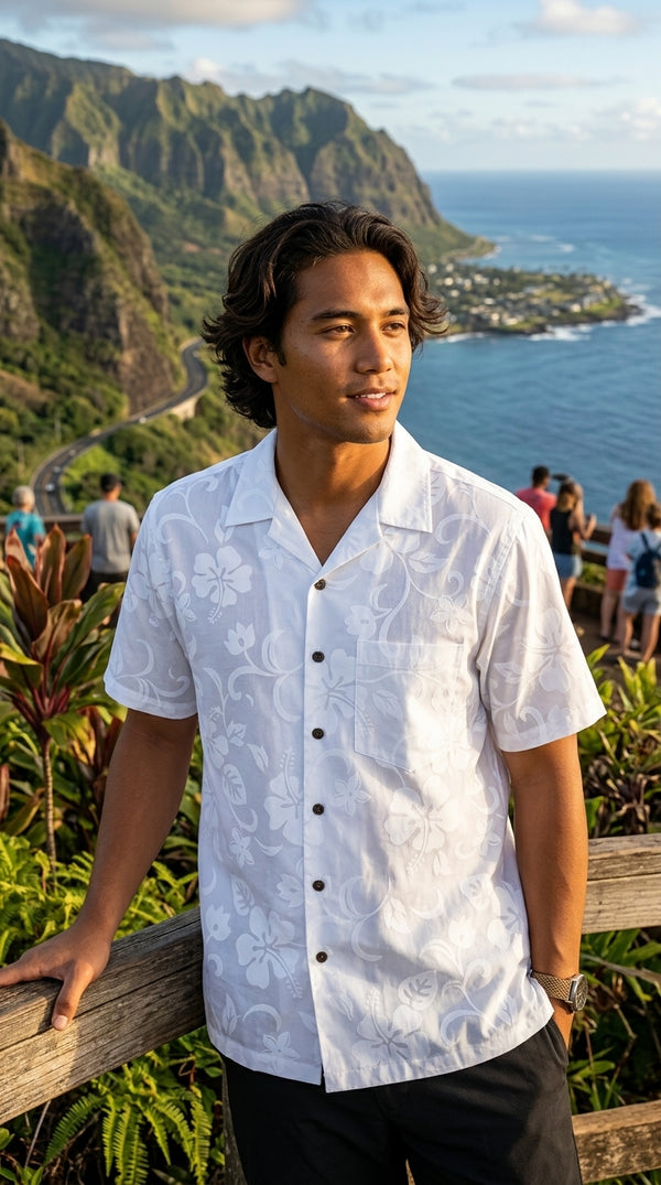 Original Classic Hibiscus Men's Wedding White Hawaiian Shirt