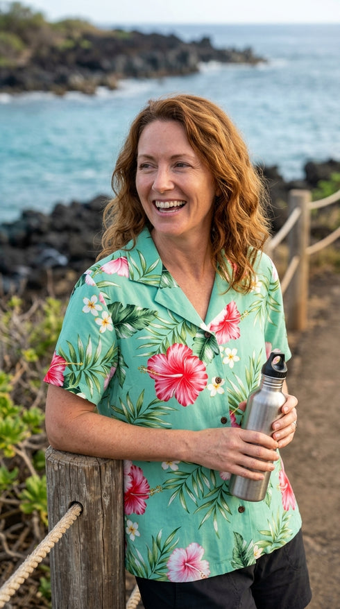 Soft Pink Hibiscus Women's Hawaiian Camp Shirt – 100% Rayon, Made in Hawaii | RJC