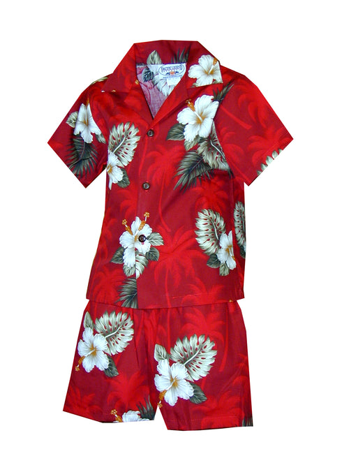 White Hibiscus Monstera Boy's 2pc Hawaiian Cabana Set