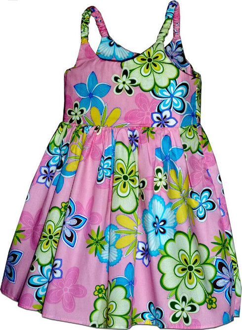 Groovy Hibiscus Plumeria Girl's Hawaiian Flared Dress