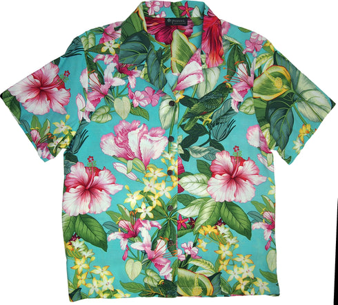 Parakeet Lush Garden Women's Hawaiian Camp Shirt – 100% Rayon, Made in Hawaii | RJC