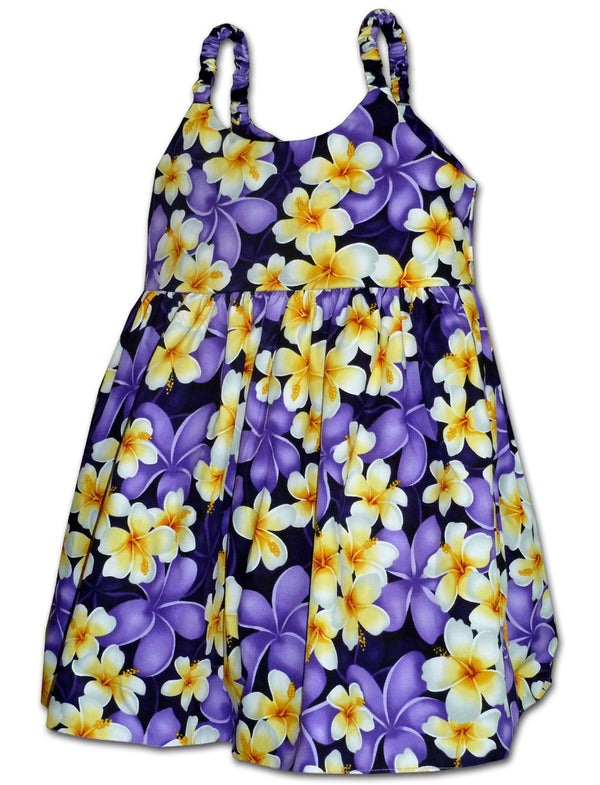 Yellow Hibiscus Hidden Plumeria Girl's Hawaiian Flared Dress