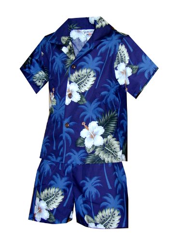 White Hibiscus Monstera Boy's 2pc Hawaiian Cabana Set
