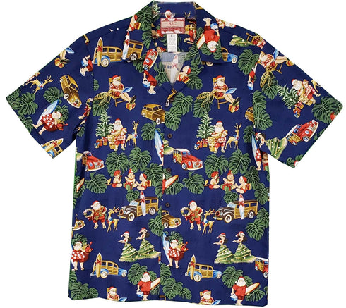 Christmas Woody Surfboard Hula Santa Men's Hawaiian Shirt