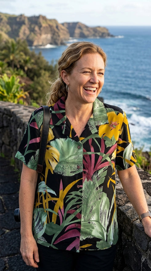 Oriental Watercolor Women's Hawaiian Camp Shirt – 100% Rayon, Made in Hawaii | RJC