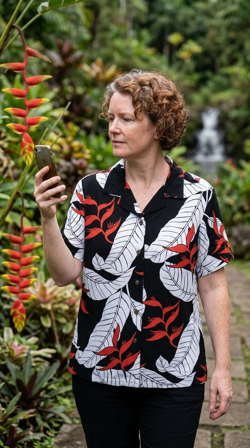 Ginger Heliconia Women's Hawaiian Camp Shirt – 100% Rayon, Made in Hawaii | RJC
