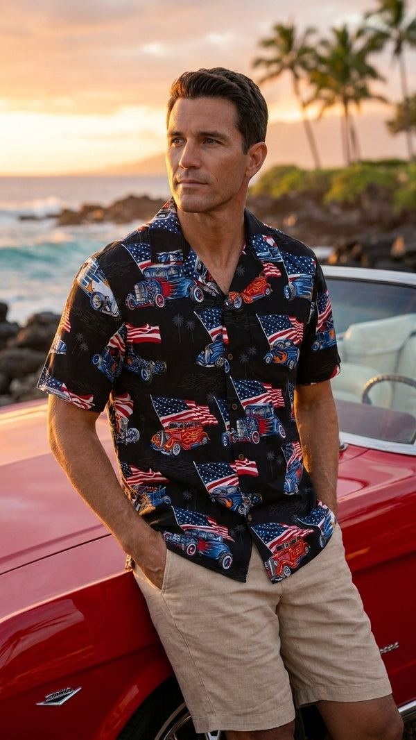 Flaming Roadsters USA Flag Men's Hawaiian Shirt