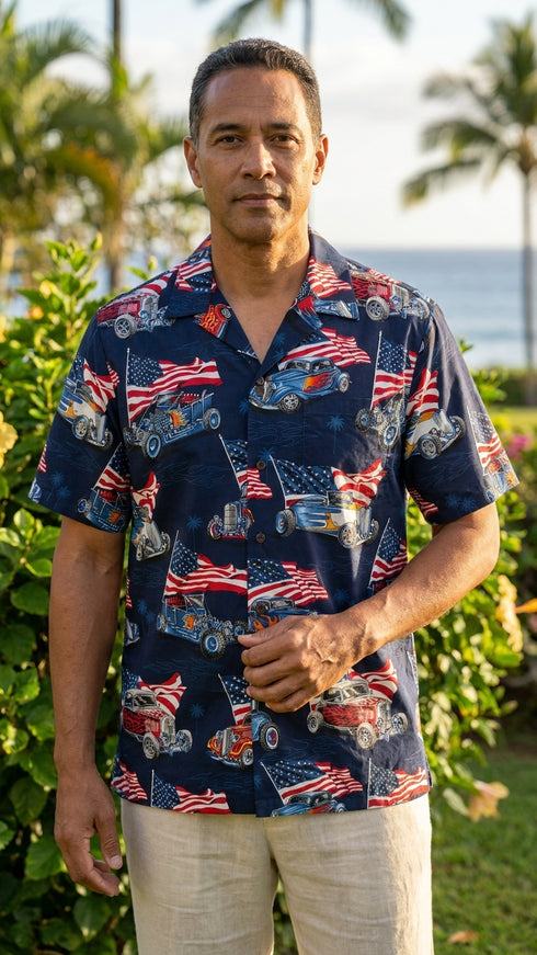Flaming Roadsters USA Flag Men's Hawaiian Shirt