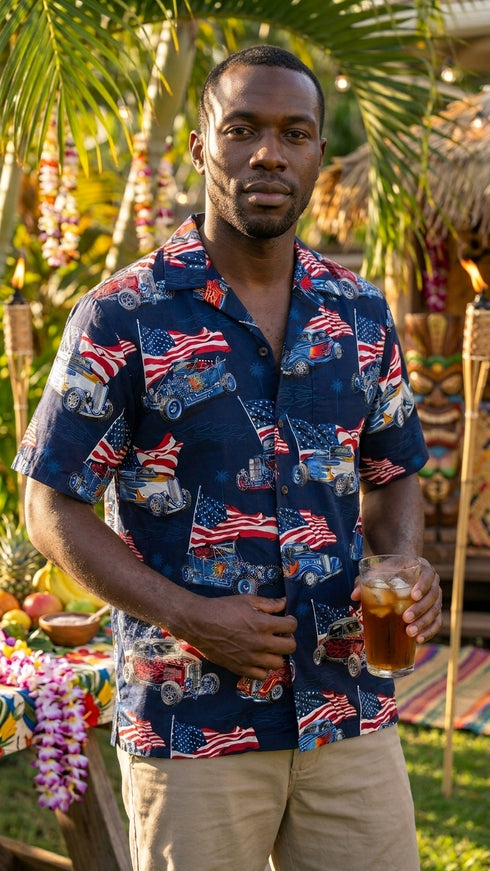 Flaming Roadsters USA Flag Men's Hawaiian Shirt
