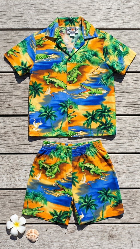 Florida Alligator Lagoon Boy's 2pc Hawaiian Cabana Set