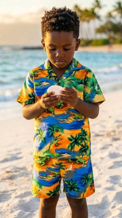 Florida Alligator Lagoon Boy's 2pc Hawaiian Cabana Set