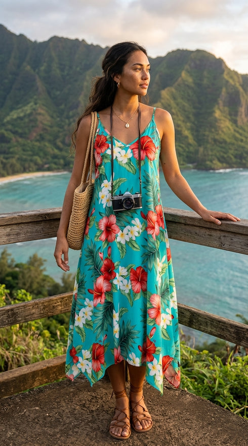 Women's Handkerchief Hem Dress - Grand Hibiscus Print - Midi Length