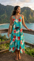 Women's Handkerchief Hem Dress - Grand Hibiscus Print - Midi Length