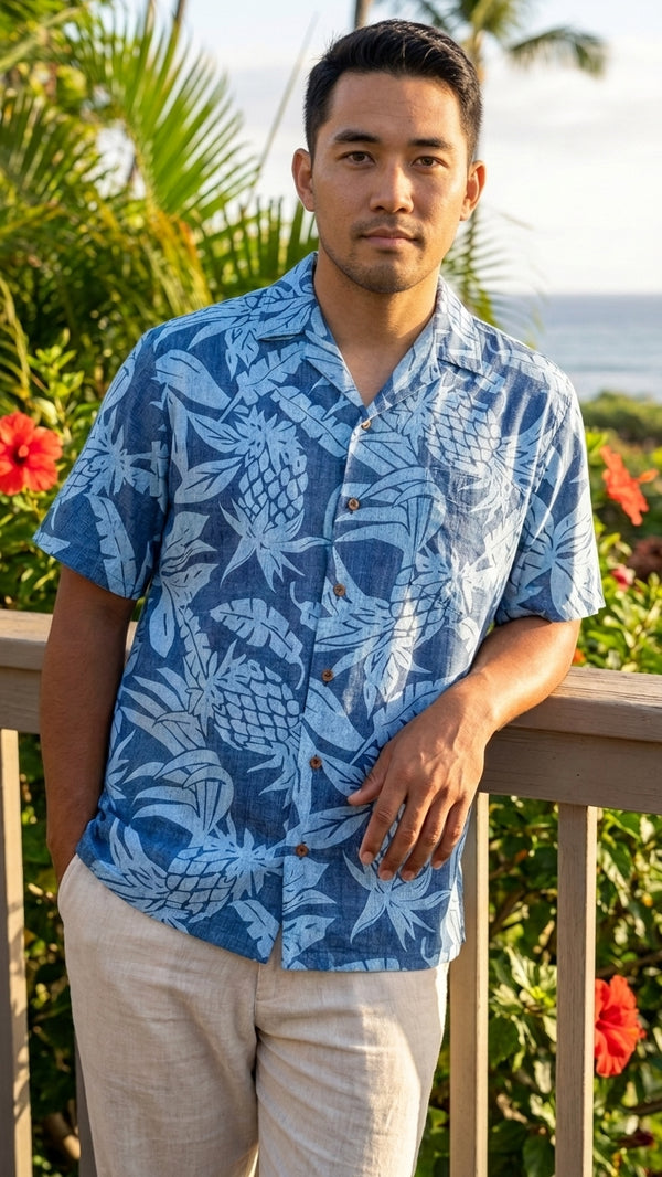 Man leaning on a lanai rail in the Hala Pineapples men's Hawaiian shirt in blue