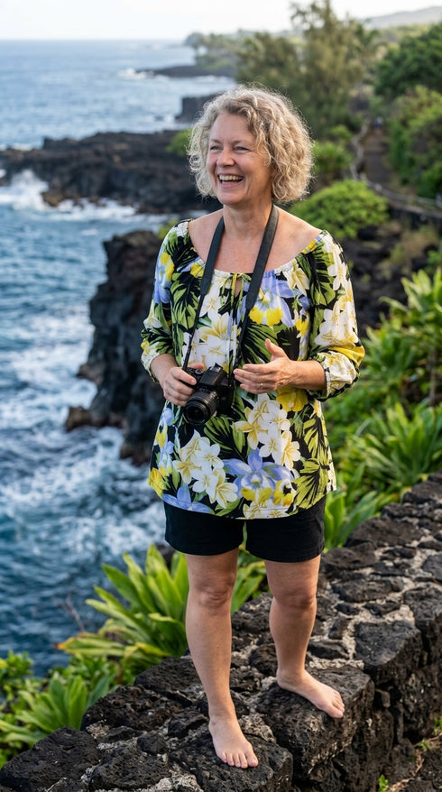 RJC Womens Hawaiian Jungle Flower Peasant Blouse