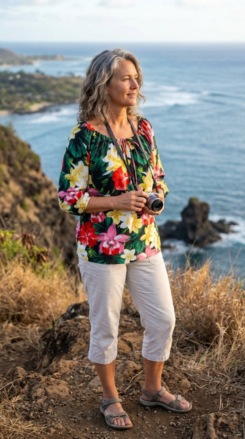 RJC Womens Hawaiian Jungle Flower Peasant Blouse
