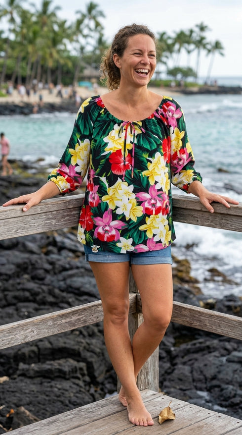 RJC Womens Hawaiian Jungle Flower Peasant Blouse