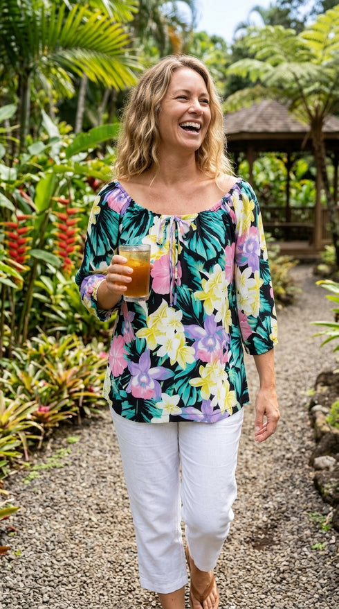 RJC Womens Hawaiian Jungle Flower Peasant Blouse