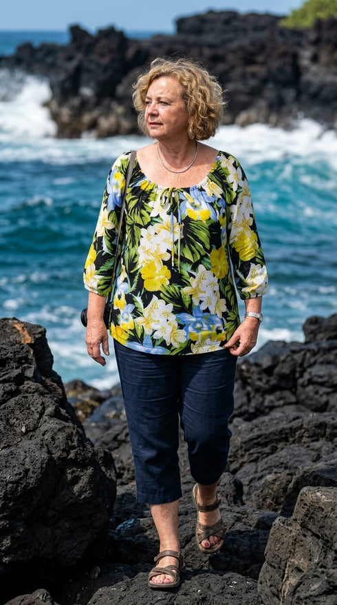 RJC Womens Hawaiian Jungle Flower Peasant Blouse
