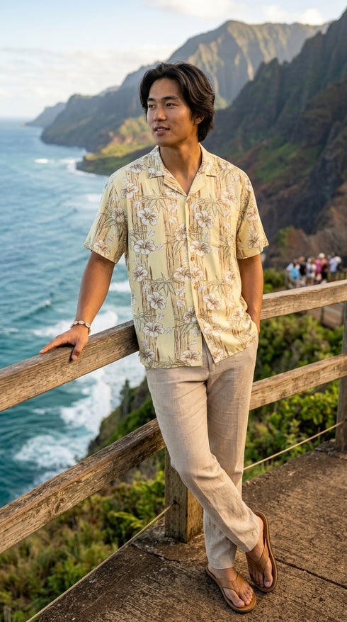 Paradise Found Men's Hibiscus Bamboo Panel Hawaiian Shirt
