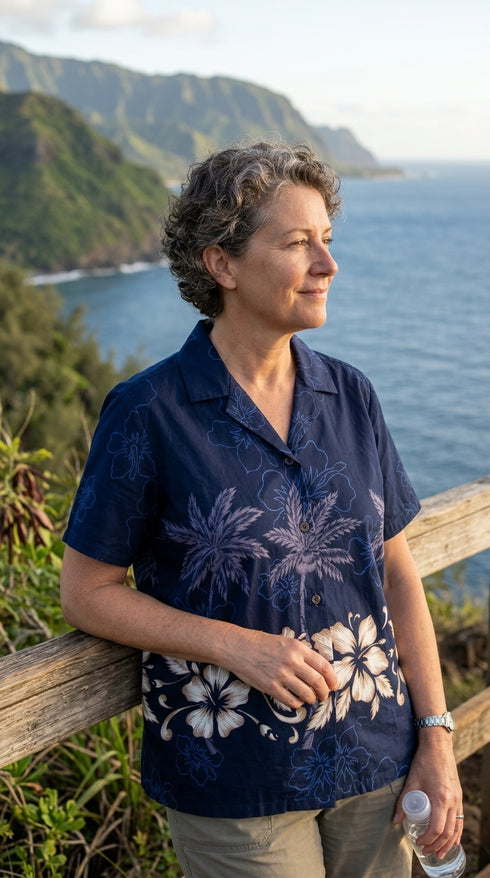 Hibiscus Bottom Band Women's Hawaiian Camp Shirt