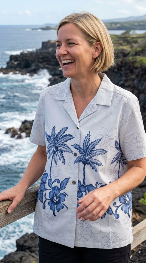 Hibiscus Bottom Band Women's Hawaiian Camp Shirt