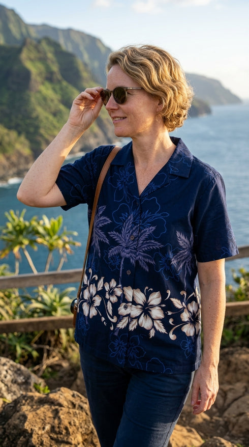 Hibiscus Bottom Band Women's Hawaiian Camp Shirt