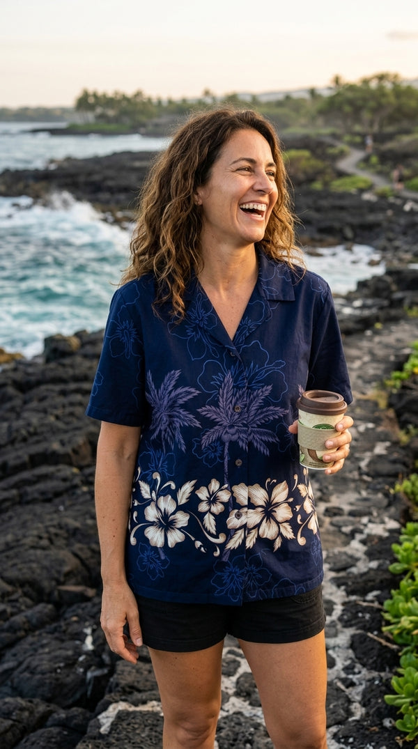 Hibiscus Bottom Band Women's Hawaiian Camp Shirt