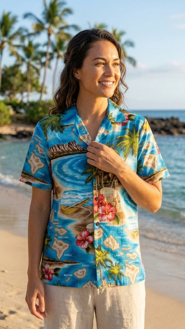 Hibiscus Hawaiian Islands Women's Hawaiian Camp Shirt