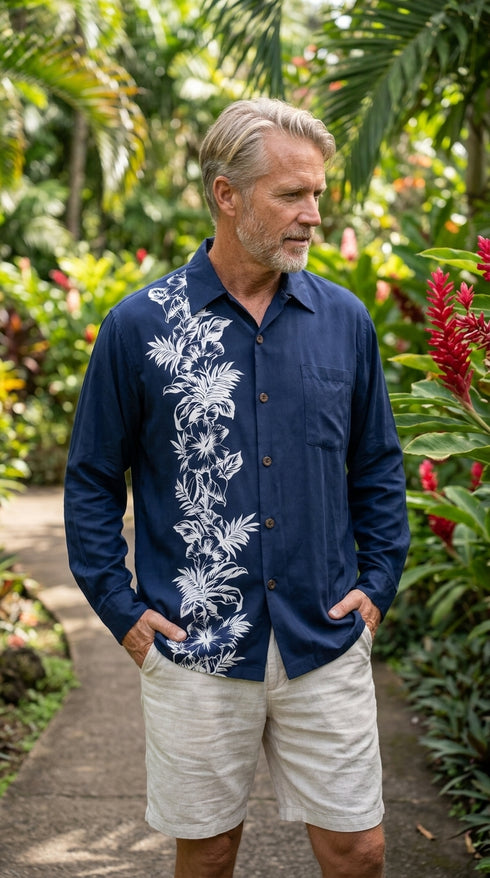 Hibiscus Panel Kamehameha Style Men's Long Sleeve Hawaiian Shirt
