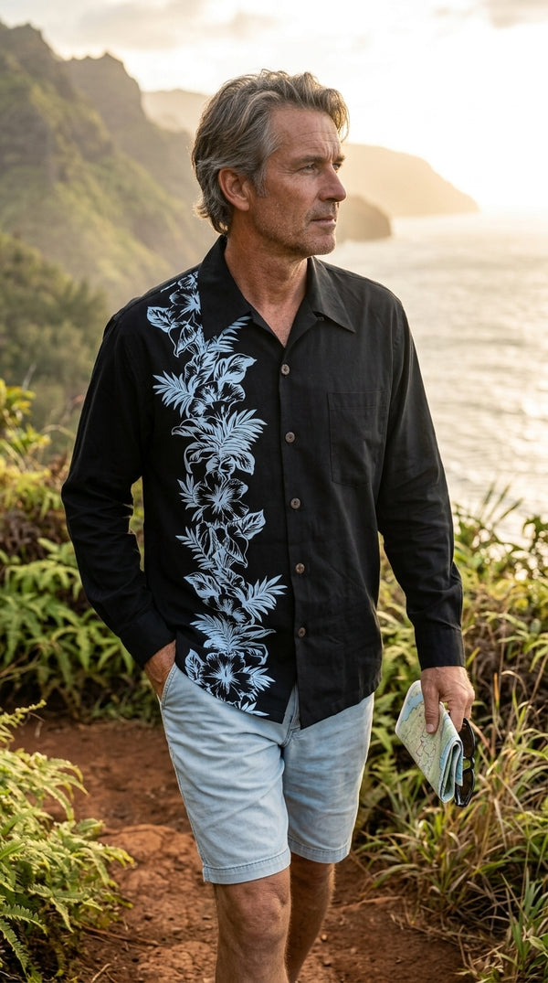 Hibiscus Panel Kamehameha Style Men's Long Sleeve Hawaiian Shirt