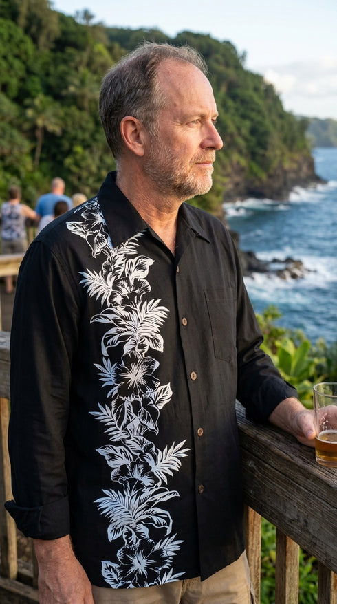 Hibiscus Panel Kamehameha Style Men's Long Sleeve Hawaiian Shirt