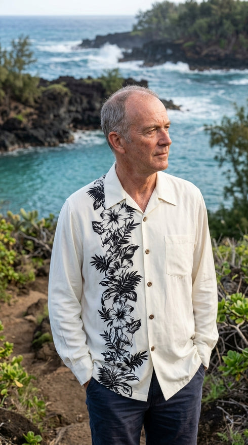 Hibiscus Panel Kamehameha Style Men's Long Sleeve Hawaiian Shirt