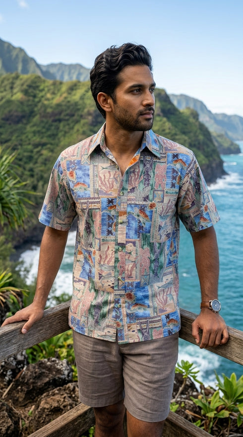 Go Barefoot Men's Honu Turtle Tapa Reverse Aloha Shirt, view 6 of 9
