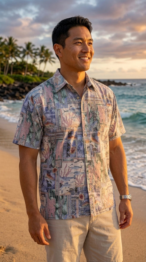 Go Barefoot Men's Honu Turtle Tapa Reverse Aloha Shirt, view 2 of 9