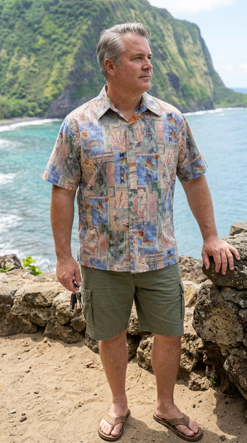 Go Barefoot Men's Honu Turtle Tapa Reverse Aloha Shirt, view 3 of 9