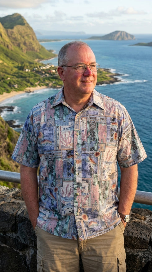 Go Barefoot Men's Honu Turtle Tapa Reverse Aloha Shirt